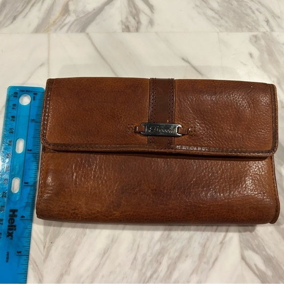 VTG Fossil Wallet Brown Leather Trifold Snap Close Checkbook 4” x 7” - Picture 5 of 15